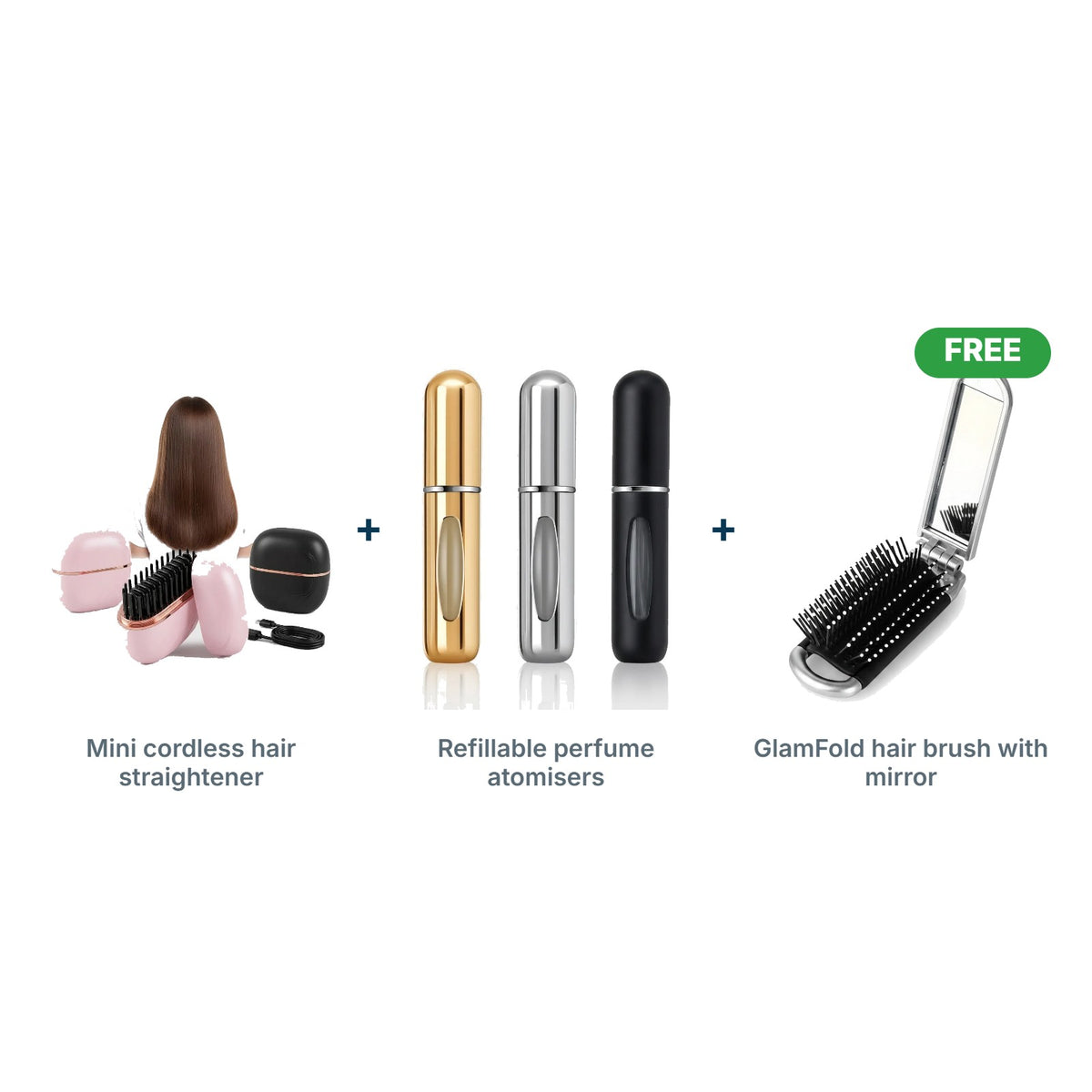 Hair On-The-Go Kit: Mini cordless hair straightener, Refillable perfume atomisers, FREE GlamFold hair brush with mirror