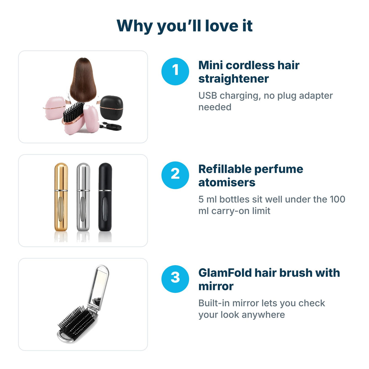 Why you'll love the Hair On-The-Go Kit: Mini cordless hair straightener, Refillable perfume atomisers, GlamFold hair brush with mirror