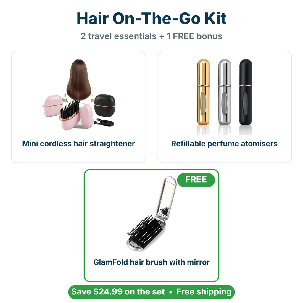 What's inside the Hair On-The-Go Kit: Mini cordless hair straightener, Refillable perfume atomisers, FREE GlamFold hair brush with mirror