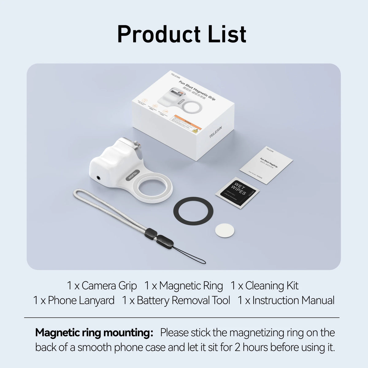 Product list with camera grip, magnetic ring, cleaning kit, phone lanyard, battery removal tool, and instruction manual on a gray background.