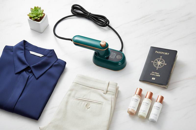 Travel garment steamer flat lay with folded shirt, trousers, passport and toiletries