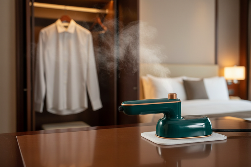 Handheld travel garment steamer steaming a shirt in a hotel room