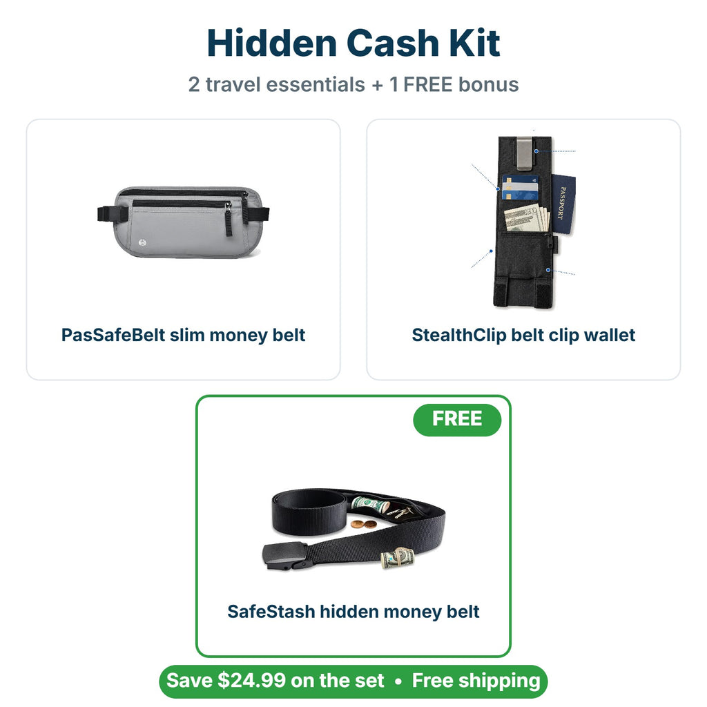 What's inside the Hidden Cash Kit: PasSafeBelt slim money belt, StealthClip belt clip wallet, FREE SafeStash hidden money belt