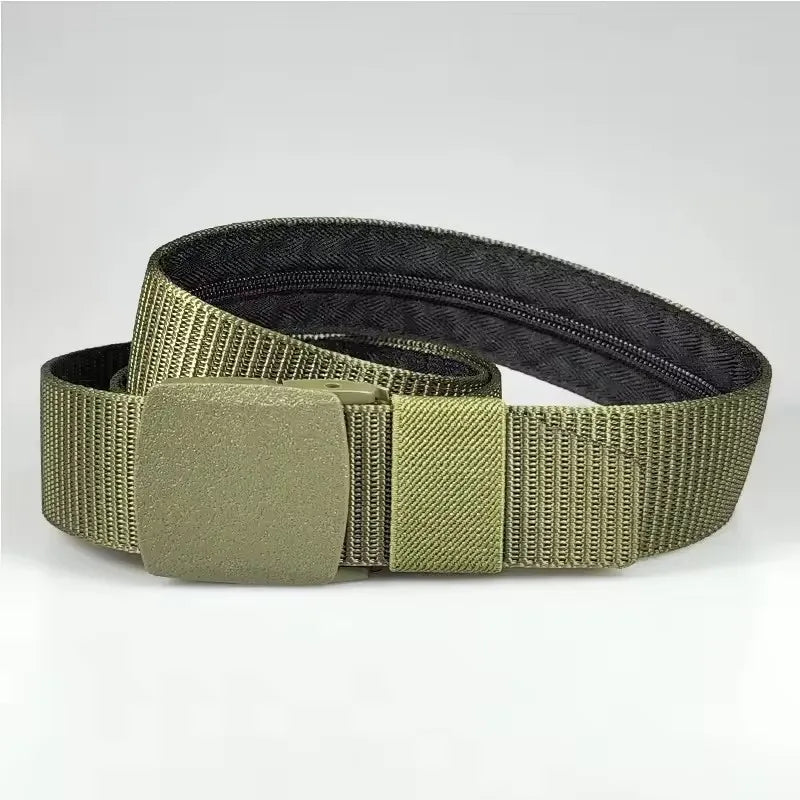 Army green nylon travel money belt with hidden zip pocket and buckle
