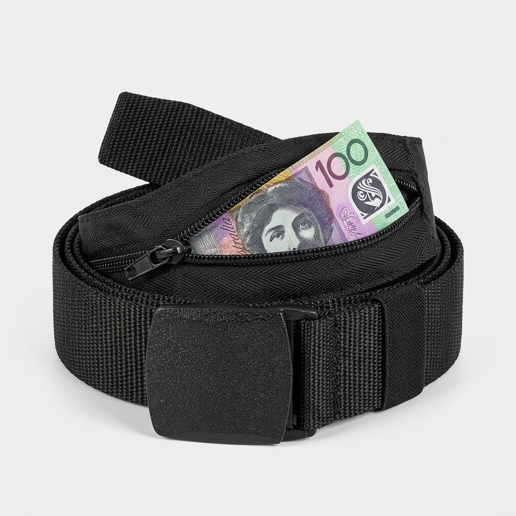 Black anti-theft money belt coiled with a $100 note tucked in the secret zip pocket
