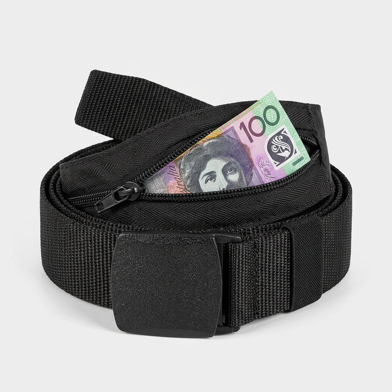 Black anti-theft money belt coiled with a $100 note tucked in the secret zip pocket