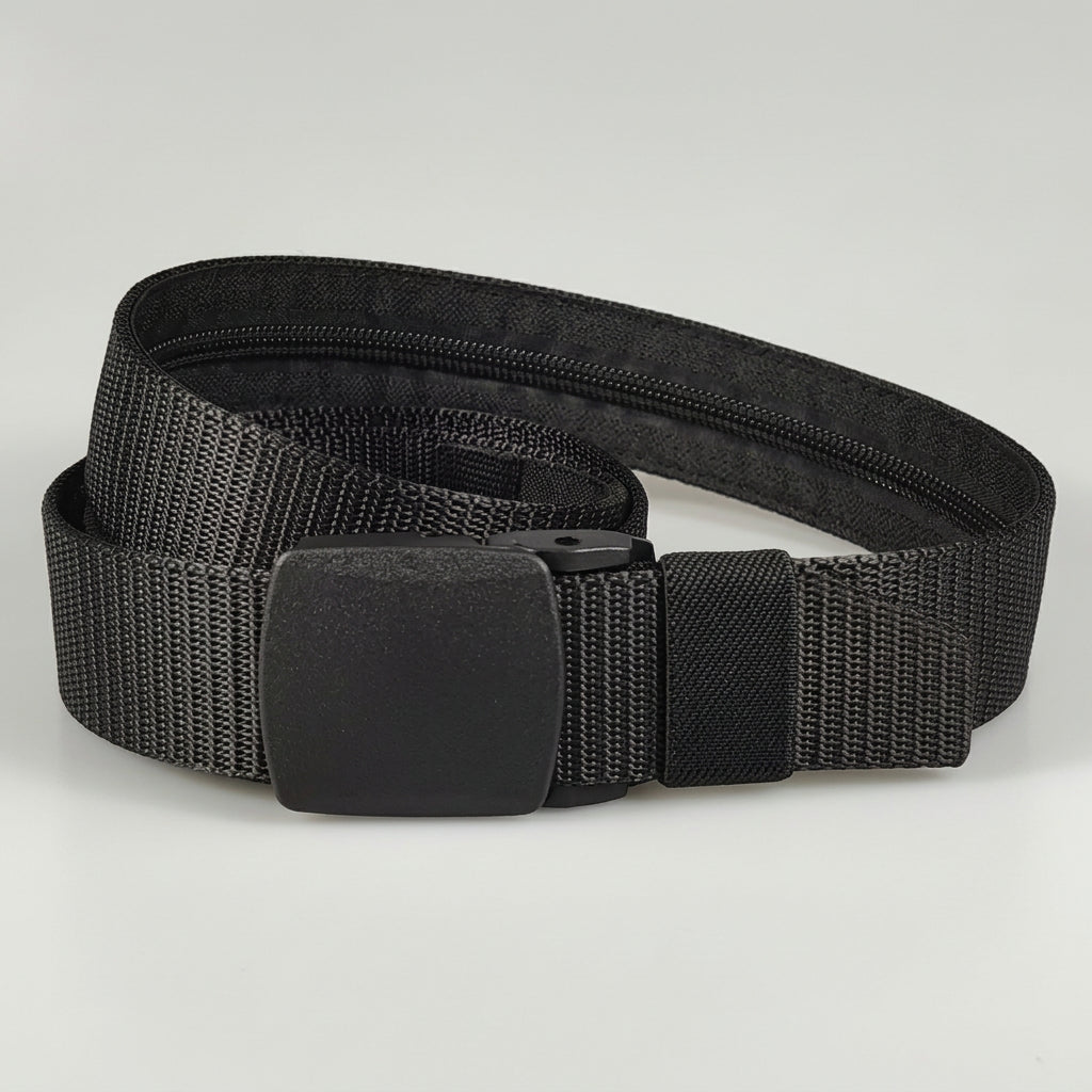 Black nylon hidden money belt with plastic buckle and secret zip pocket for travel