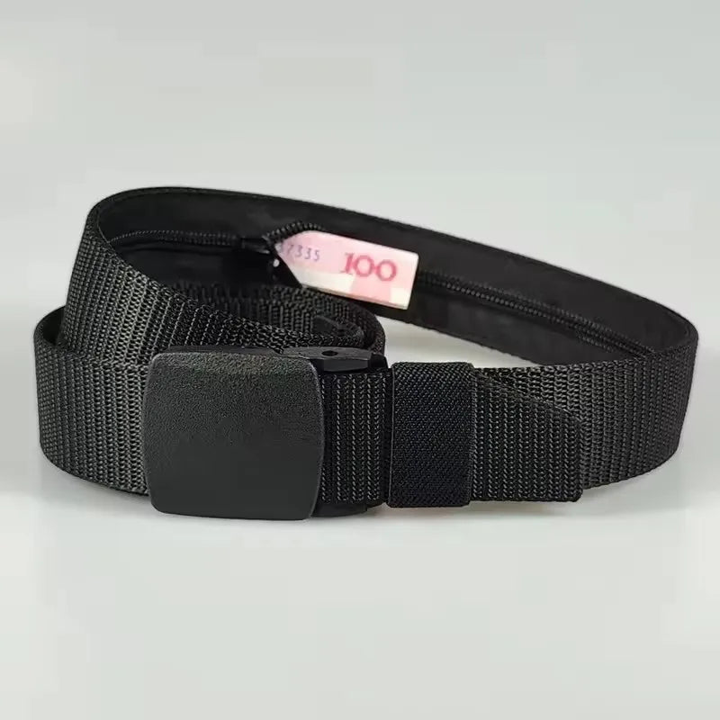 Dark grey nylon travel money belt with plastic buckle and hidden zip pocket
