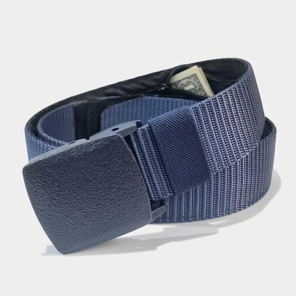 Navy blue travel money belt with hidden zip cash pocket and buckle