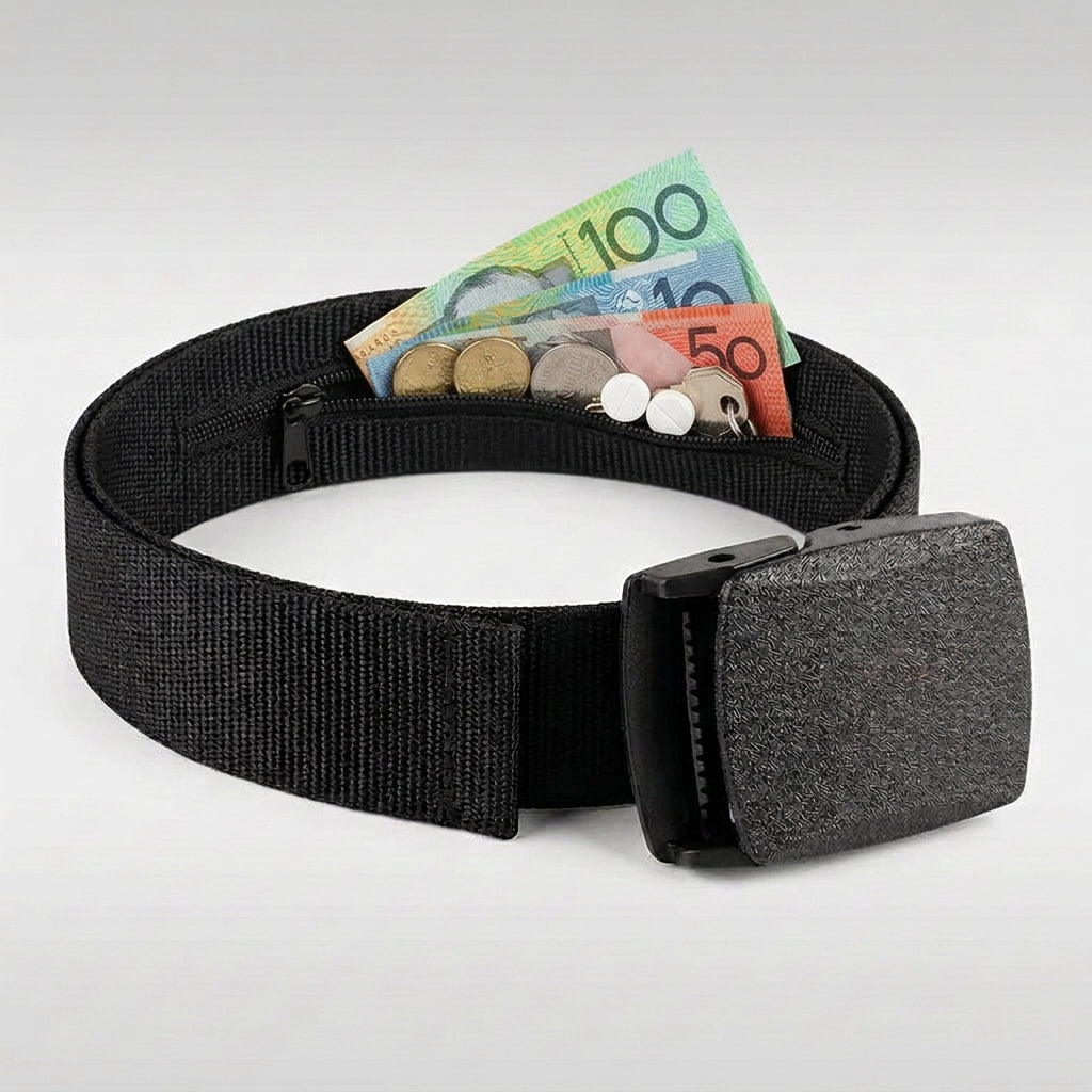 Travel money belt with hidden zip cash pocket open to show Australian notes and coins
