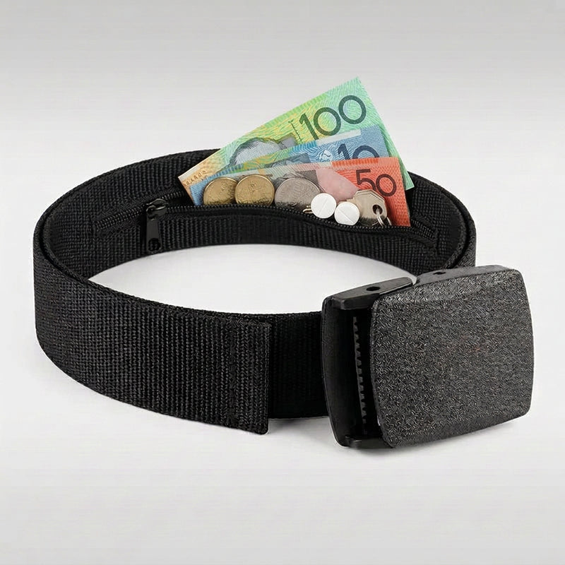 Travel money belt with hidden zip cash pocket open to show Australian notes and coins
