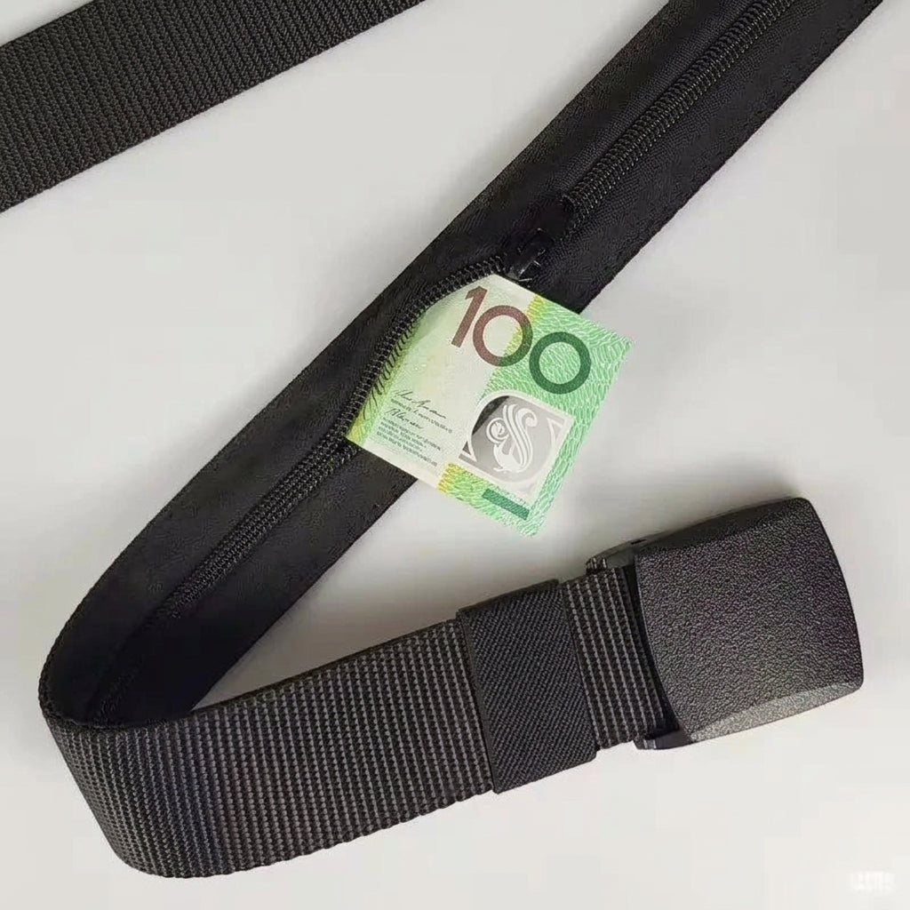 Close-up of the hidden zipper on a travel money belt with a banknote inside