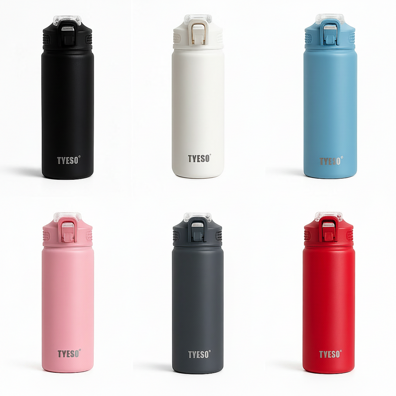 Set of six HydraFlow Steel Bottle water bottles in black, white, blue, pink, gray, and red on a white background. front view