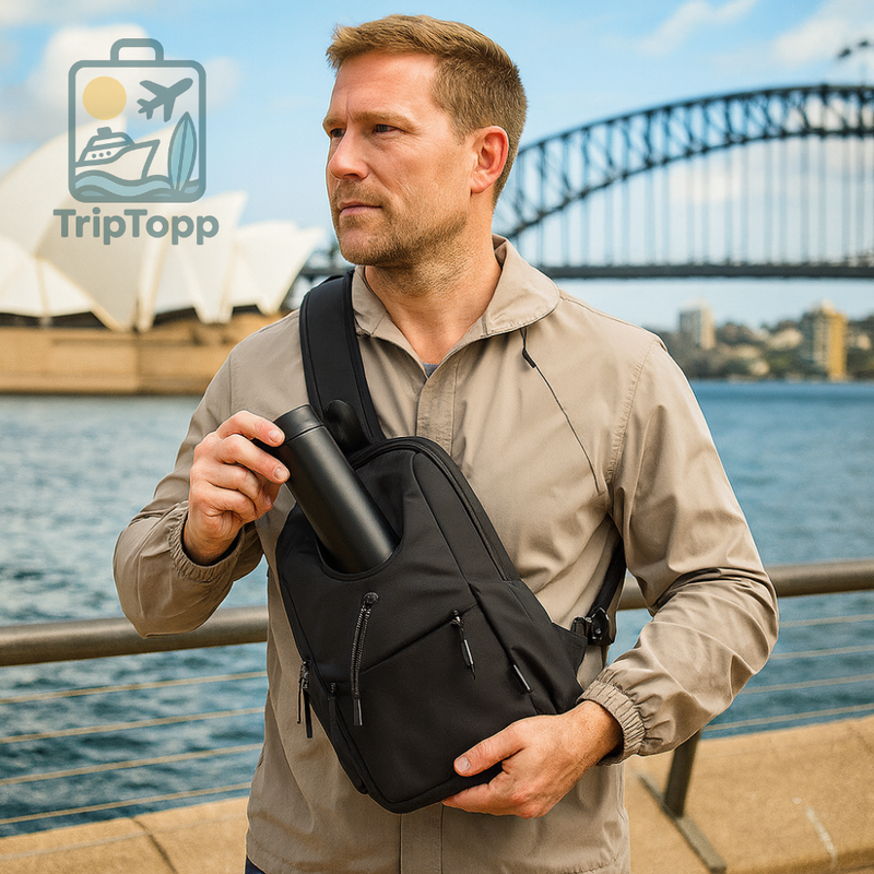 Open HydraGo Cross Bag displaying interior compartments and storage layout - travel essentials