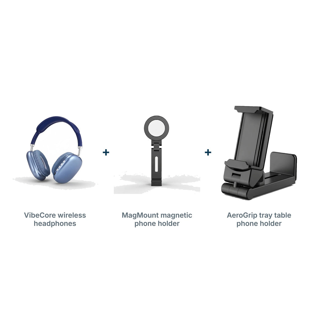 In-Flight Entertainment Kit: VibeCore wireless headphones, MagMount magnetic phone holder, AeroGrip tray table phone holder