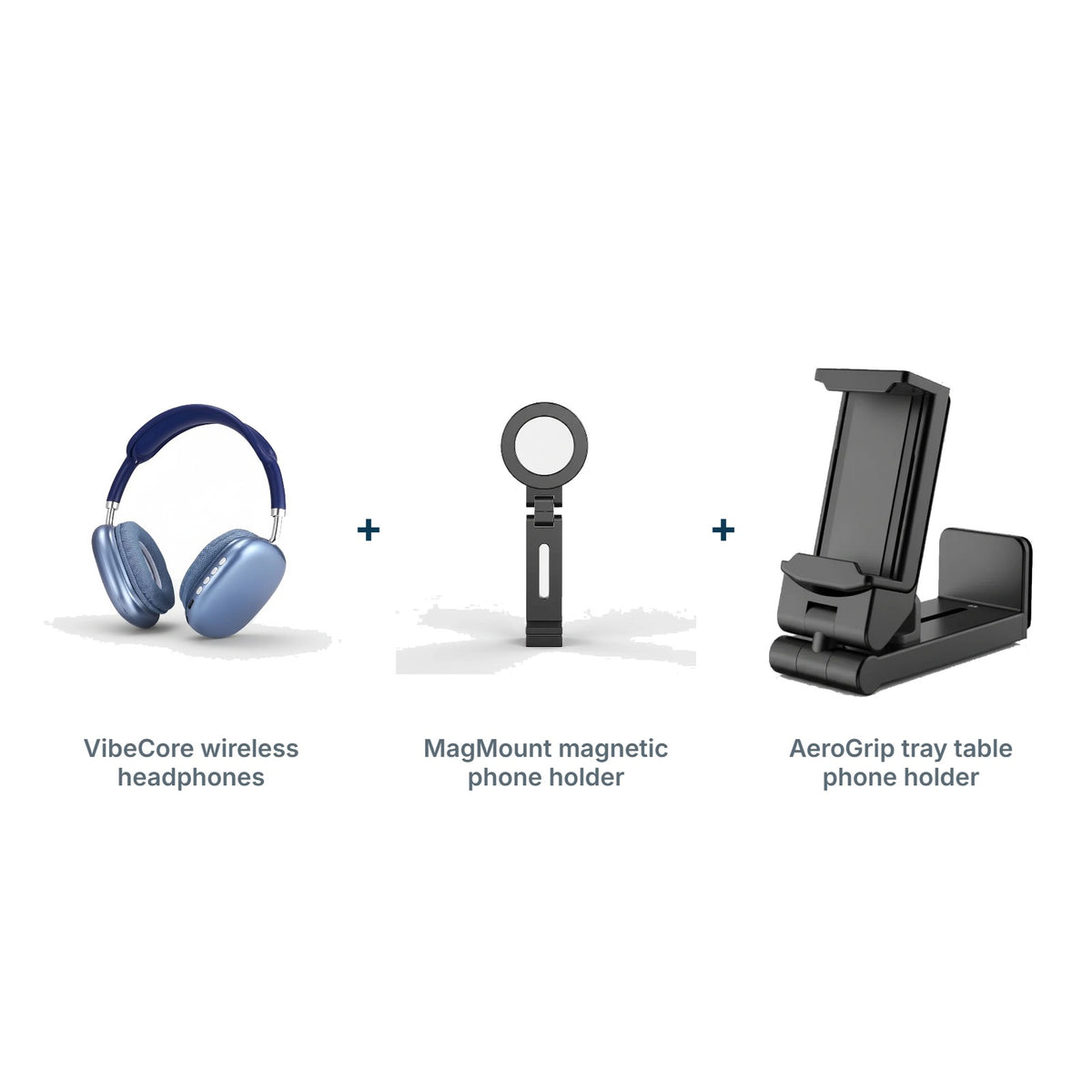 In-Flight Entertainment Kit: VibeCore wireless headphones, MagMount magnetic phone holder, AeroGrip tray table phone holder