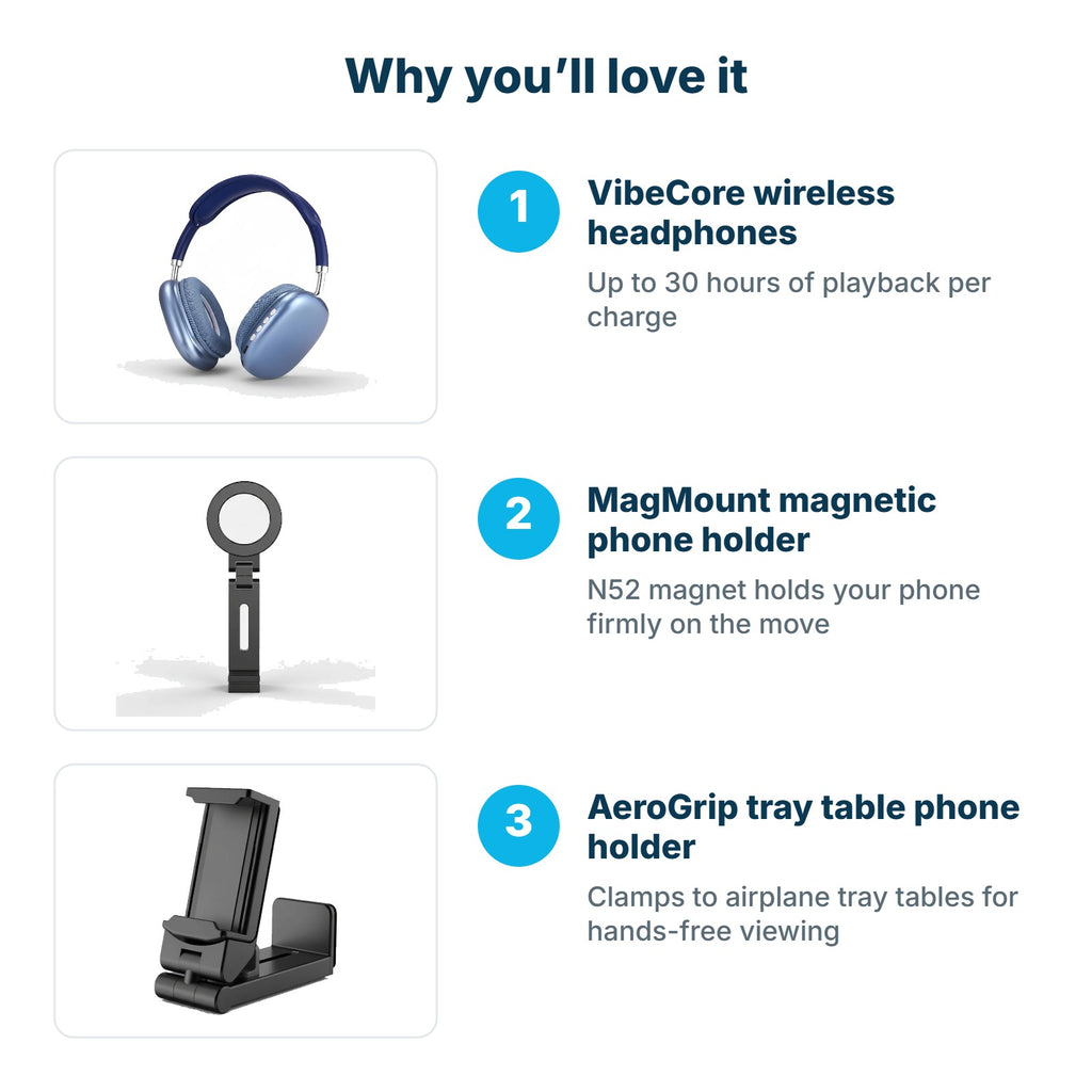 Why you'll love the In-Flight Entertainment Kit: VibeCore wireless headphones, MagMount magnetic phone holder, AeroGrip tray table phone holder