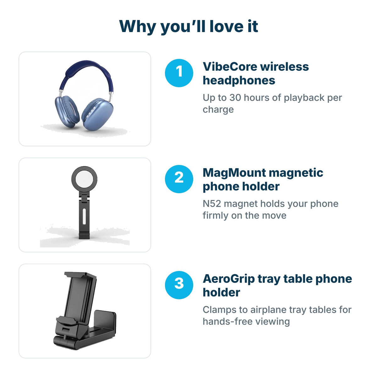 Why you'll love the In-Flight Entertainment Kit: VibeCore wireless headphones, MagMount magnetic phone holder, AeroGrip tray table phone holder