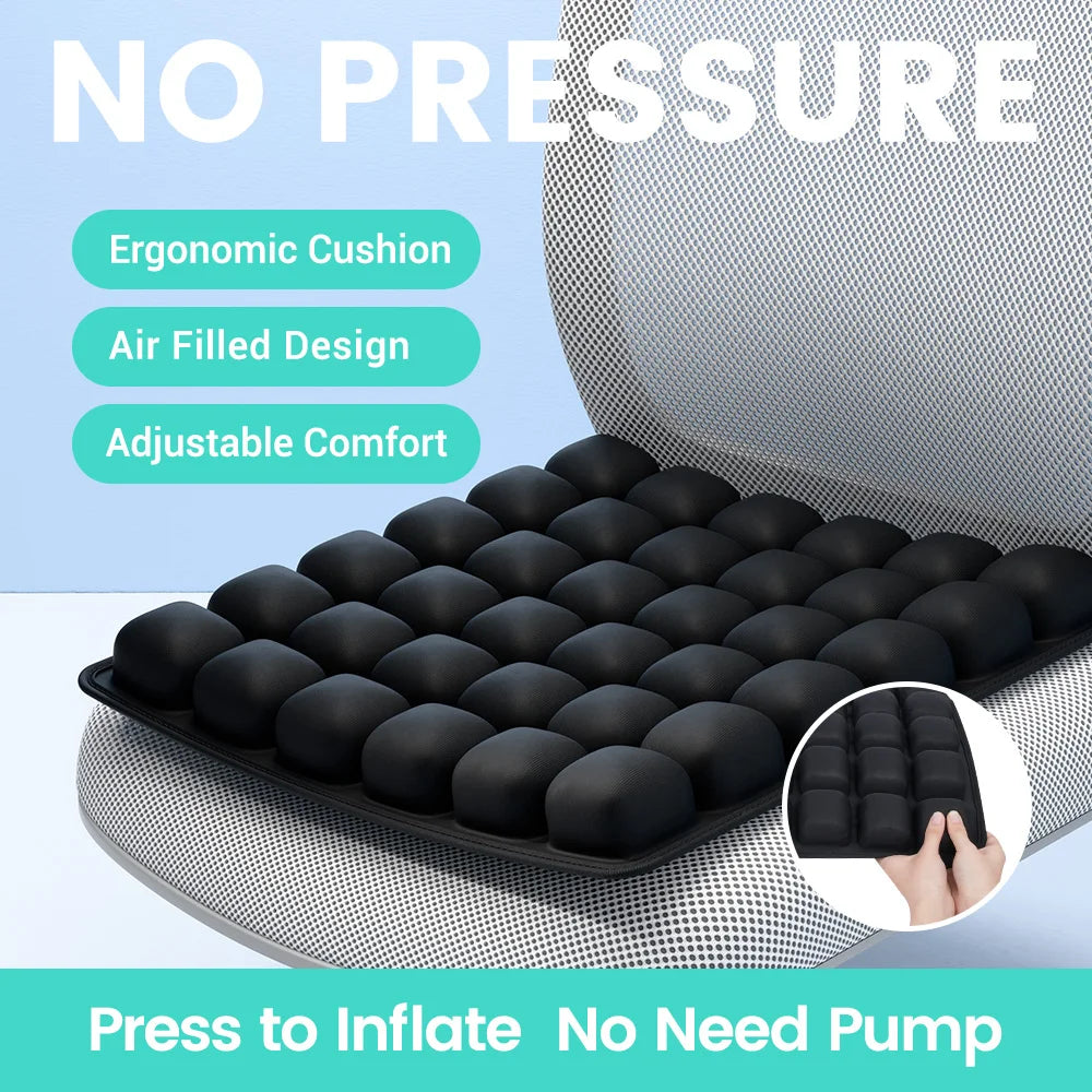 Black ergonomic cushion with text highlighting features on a light blue background, Inflatable back support cushion for flights and office chairs