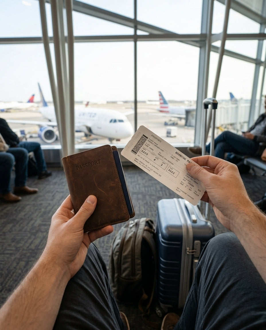 Traveller holding a brown JetPocket RFID passport holder and boarding pass in an airport lounge