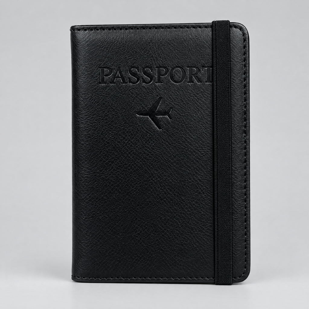 Black JetPocket RFID passport holder wallet with elastic band closure