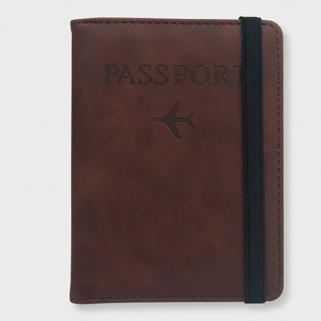 Brown JetPocket RFID passport holder wallet with elastic band closure