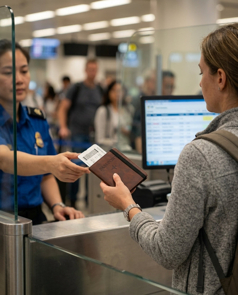 Handing a brown JetPocket passport holder and boarding pass over at airport check-in