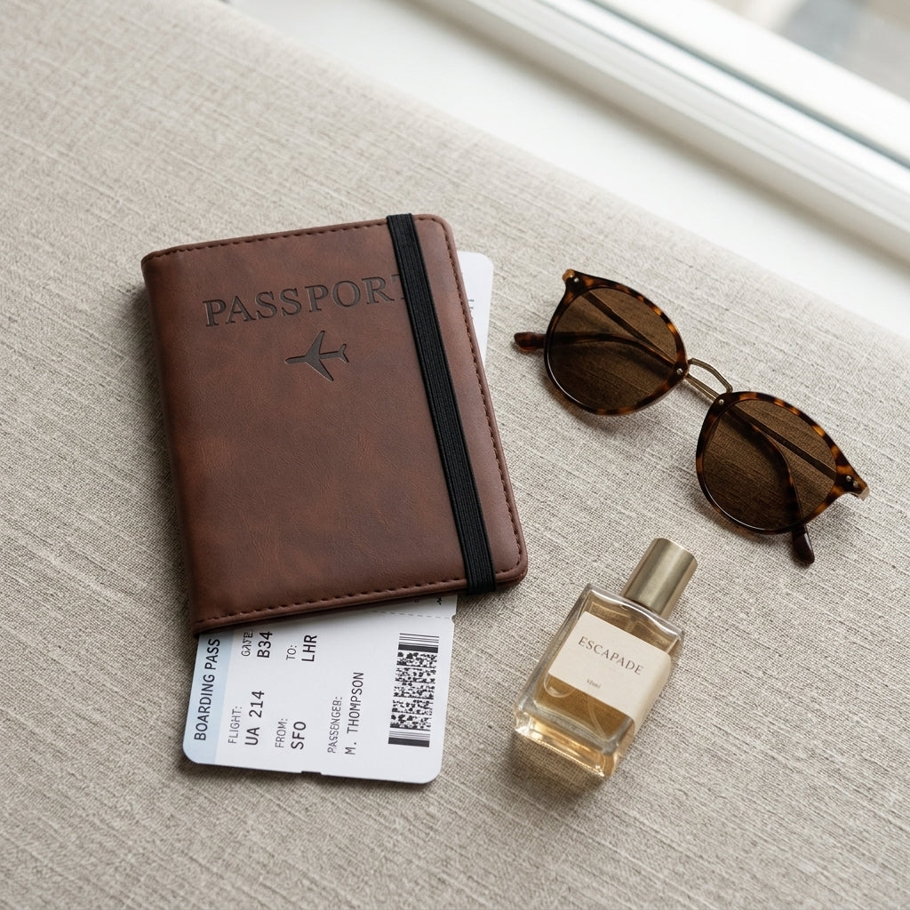 JetPocket passport holder with boarding pass, sunglasses and perfume in a travel flat lay