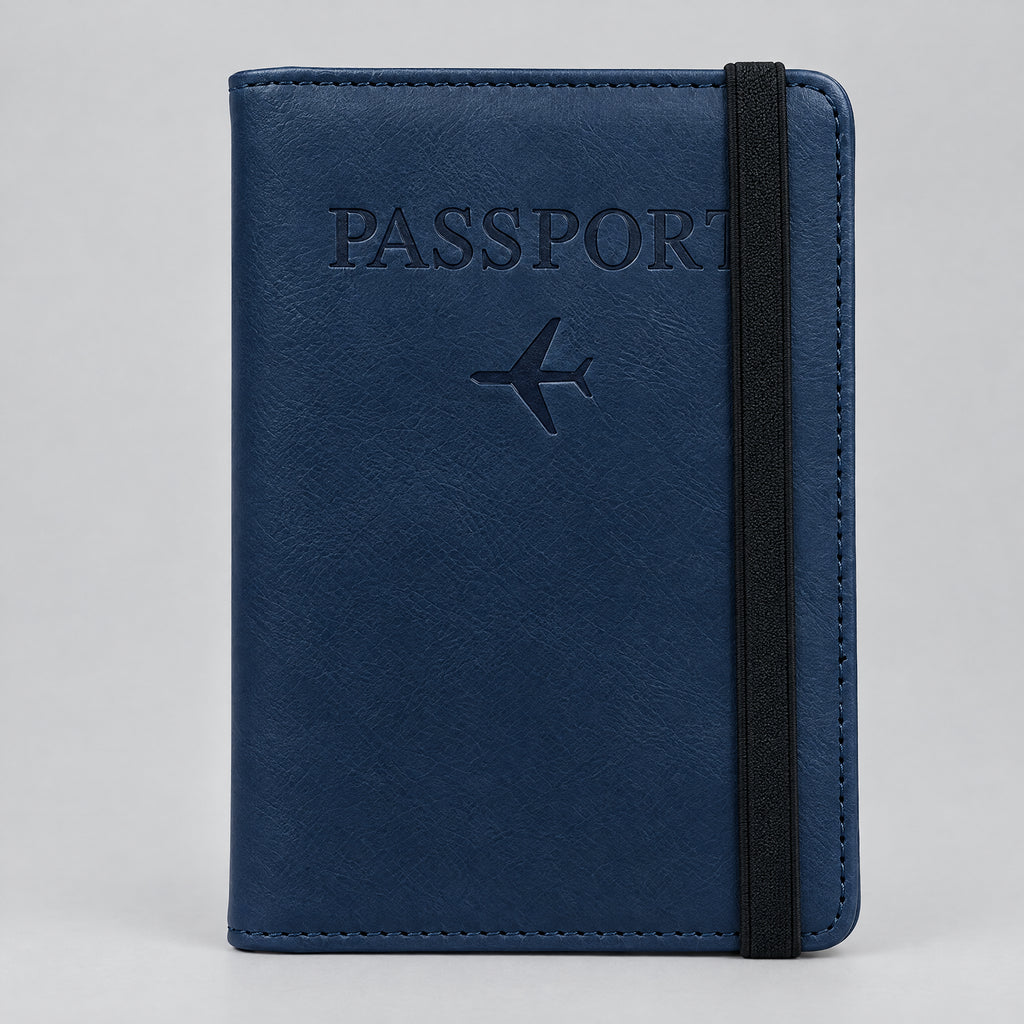 Navy blue JetPocket RFID passport holder wallet with elastic band closure