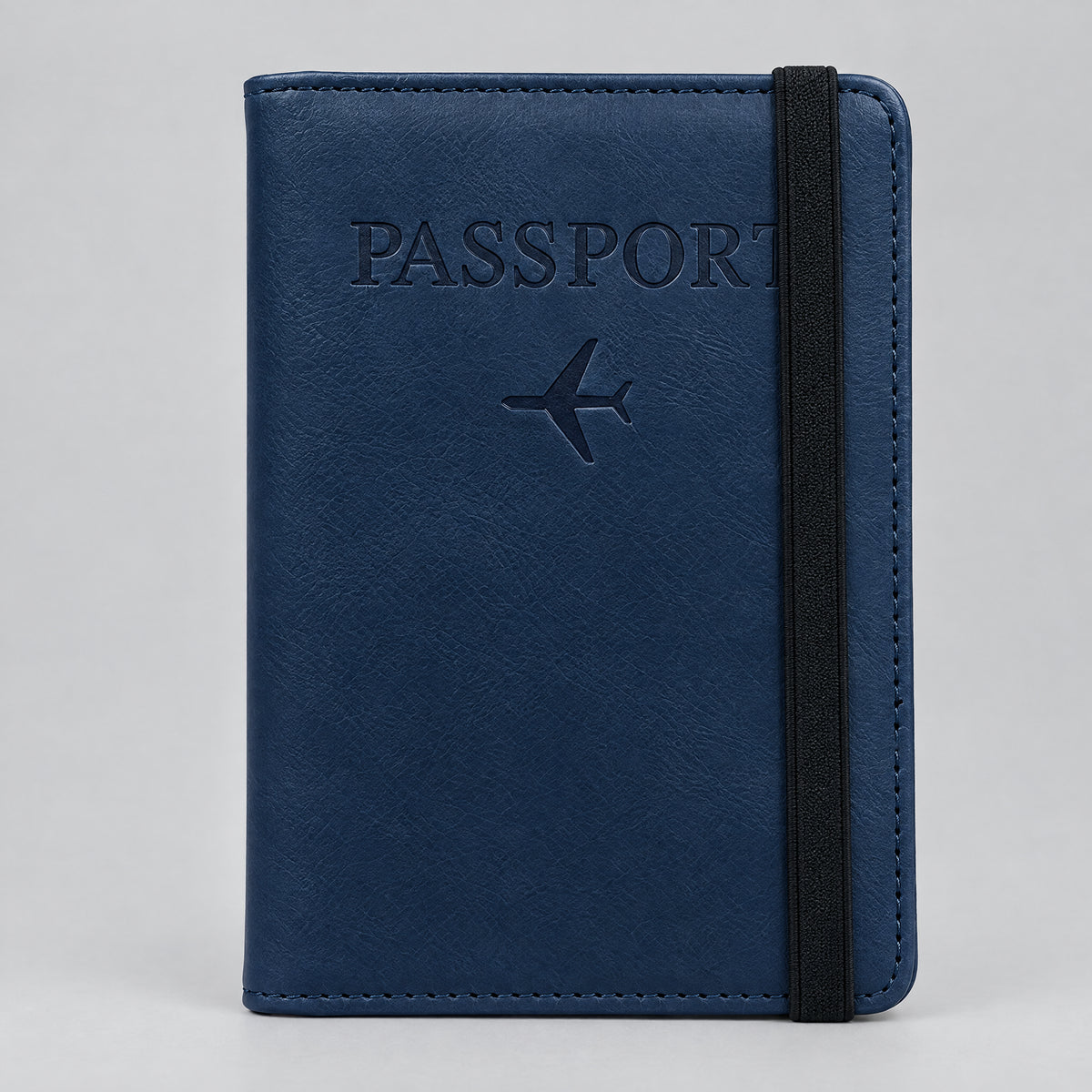 Navy blue JetPocket RFID passport holder wallet with elastic band closure