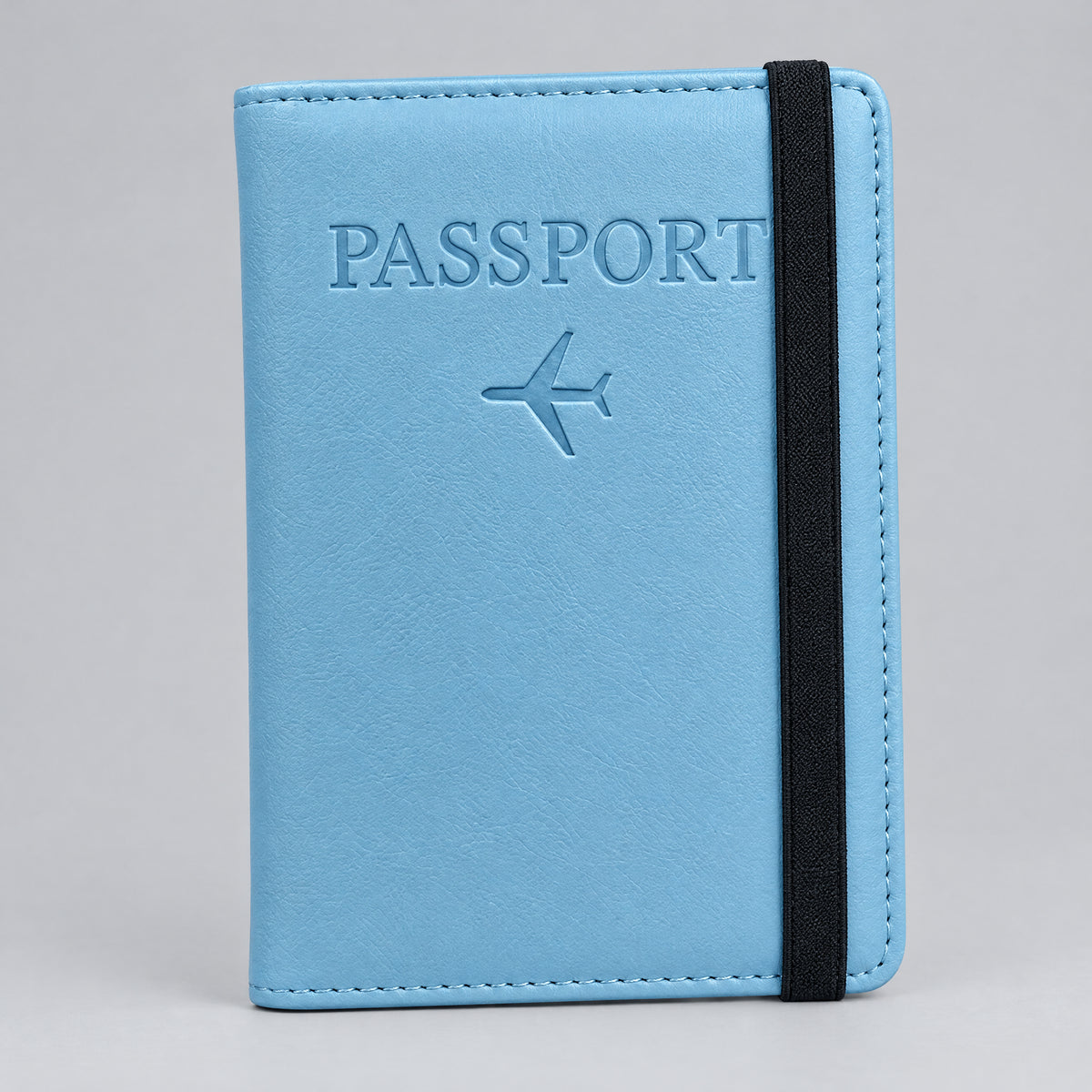 Sky blue JetPocket RFID passport holder wallet with elastic band closure