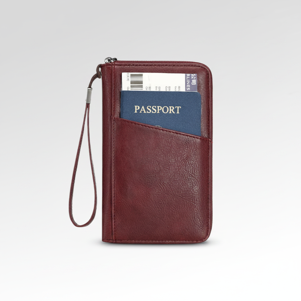 Brown leather travel wallet with a passport and ticket on a white front view background