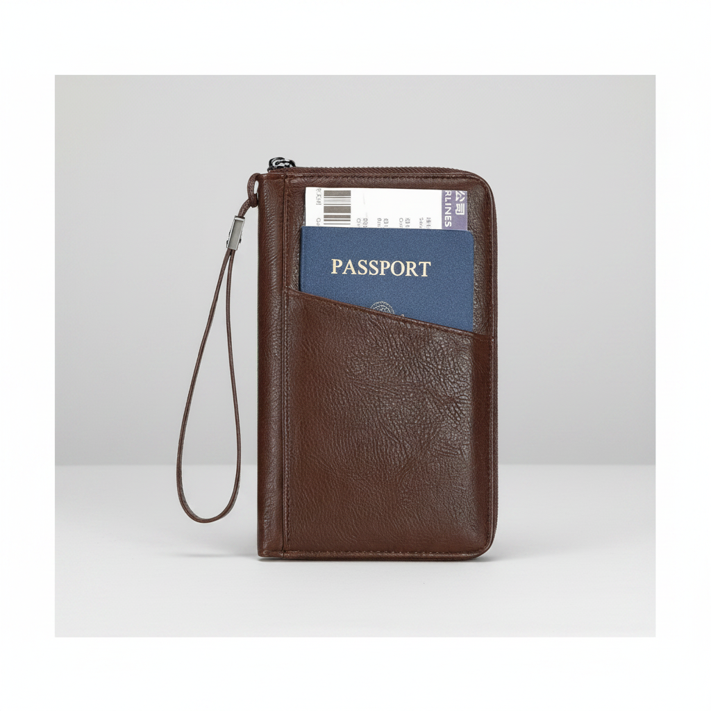 Brown leather wallet with a passport pocket on a white background