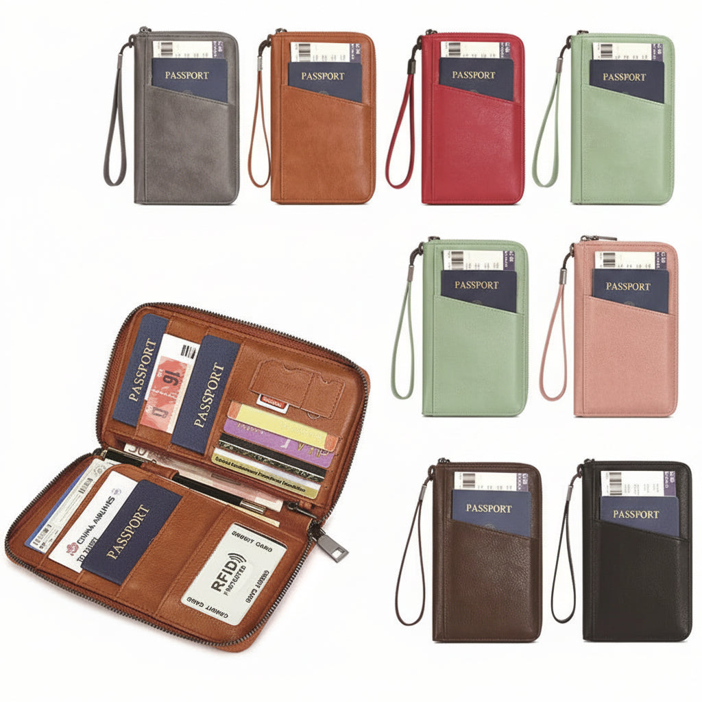 Collection of passport holders in various colors with RFID protection feature.