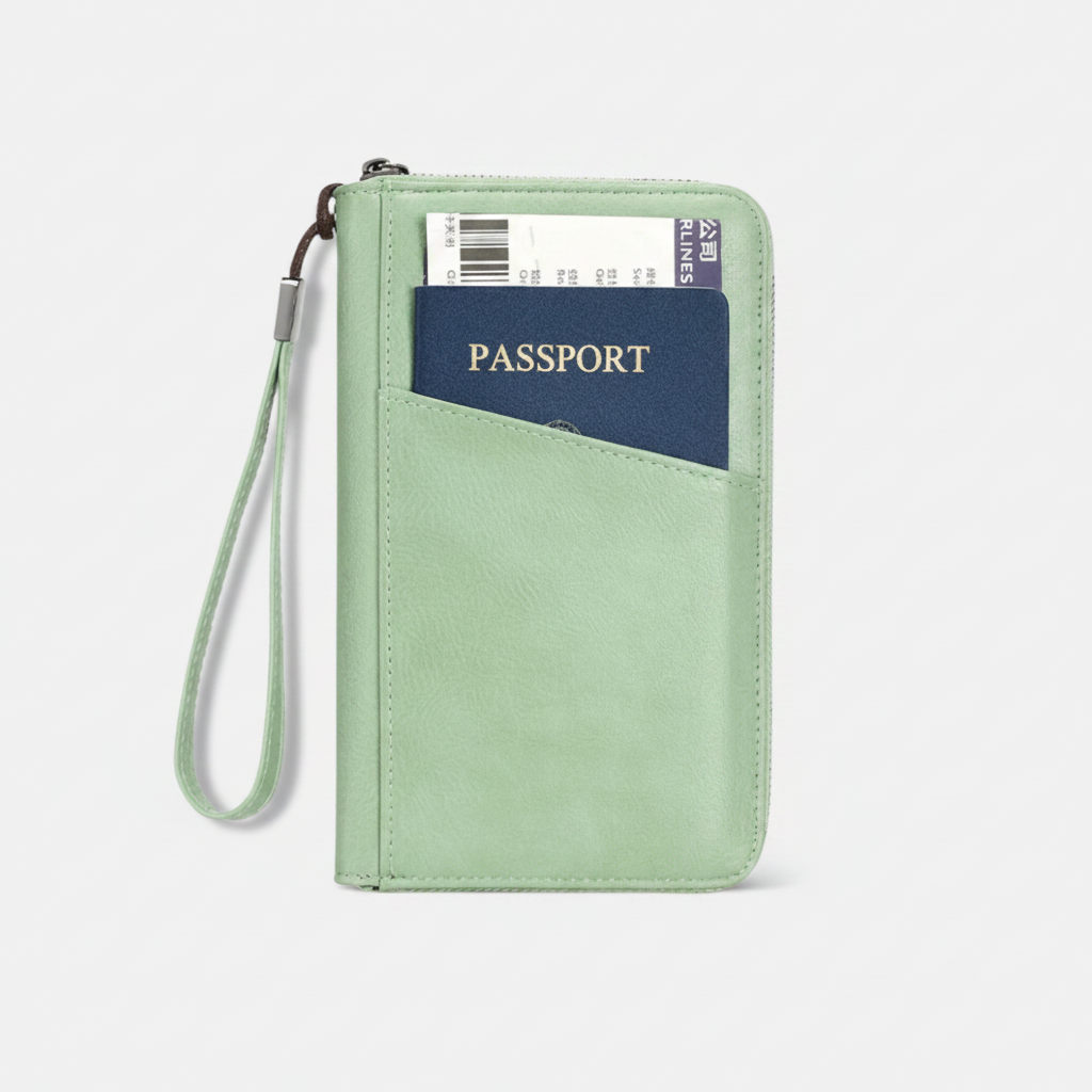 Light green travel wallet with a passport pocket on a white background