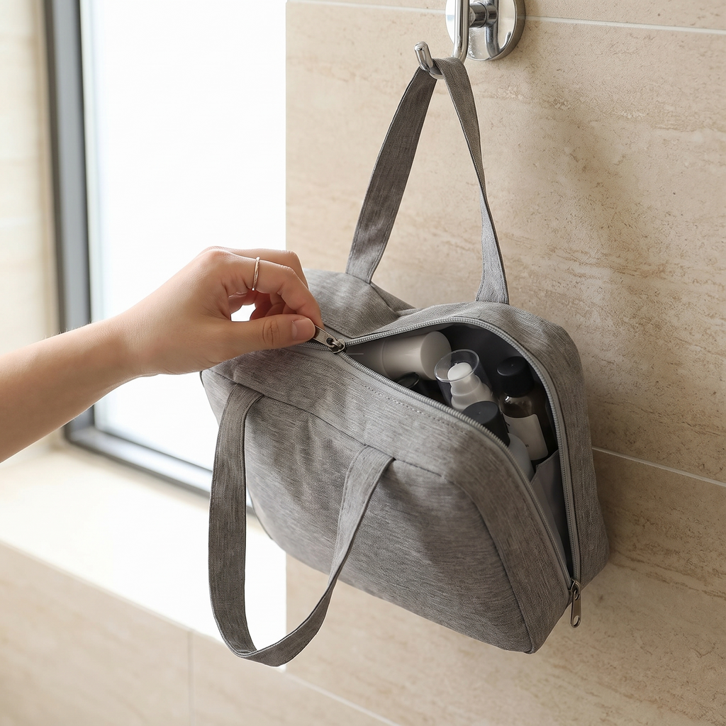 Grey large hanging toiletry bag hung on a bathroom hook