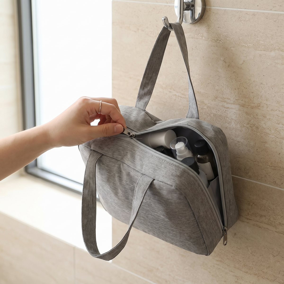 Grey large hanging toiletry bag hung on a bathroom hook