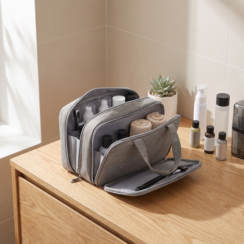 Large hanging toiletry bag open on bathroom counter with travel-size toiletries, waterproof travel organiser by Trip Topp