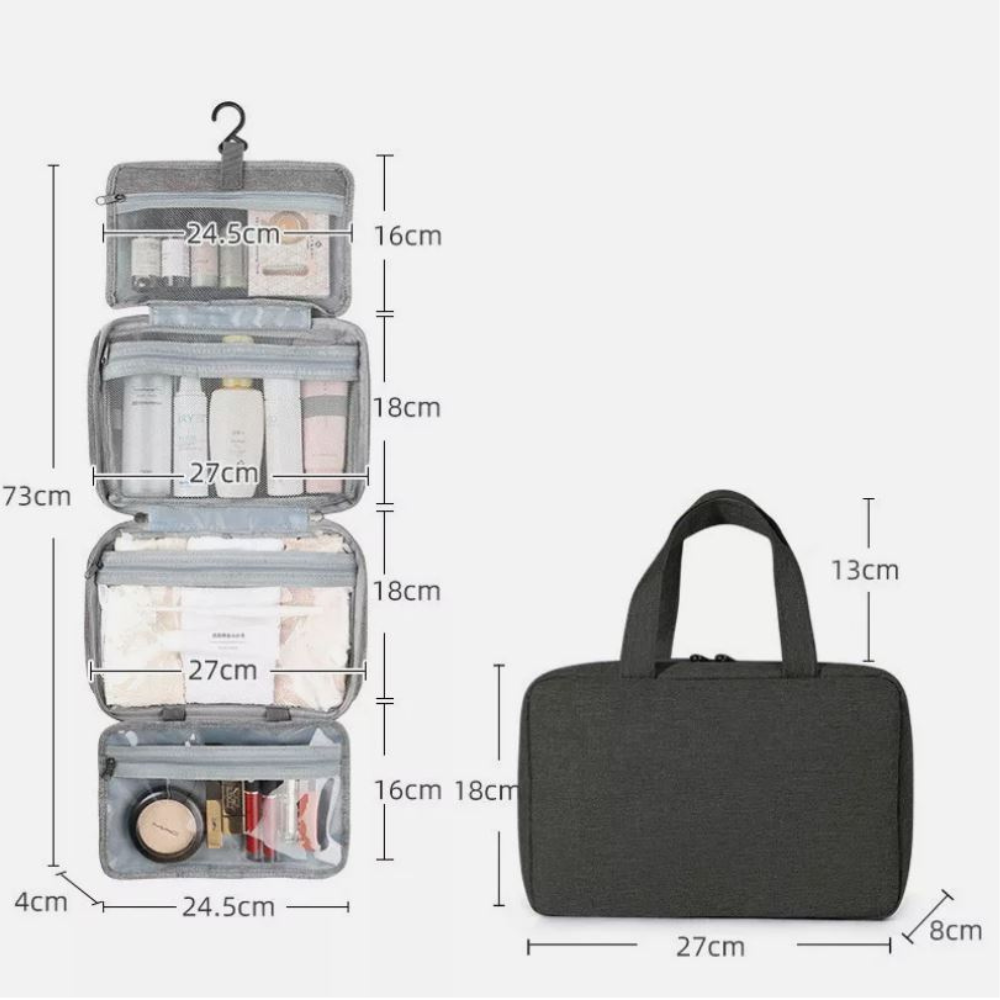 Large travel toiletry bag side view showing size and compartment depth