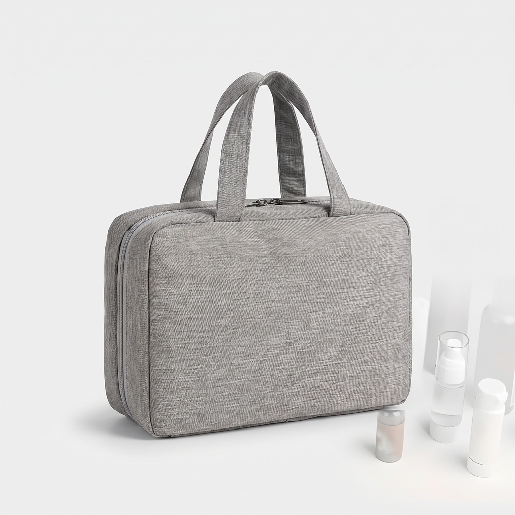 Large hanging toiletry bag studio product shot on light grey background, waterproof travel organiser