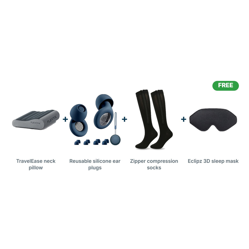 Long-Haul Sleep Kit: TravelEase neck pillow, Reusable silicone ear plugs, Zipper compression socks, FREE Eclipz 3D sleep mask