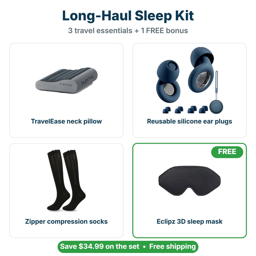 What's inside the Long-Haul Sleep Kit: TravelEase neck pillow, Reusable silicone ear plugs, Zipper compression socks, FREE Eclipz 3D sleep mask