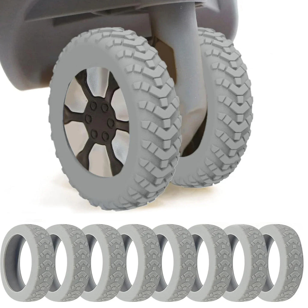 Set of grey silicone luggage wheel protectors with tread pattern, fits 50-60mm spinner suitcase wheels