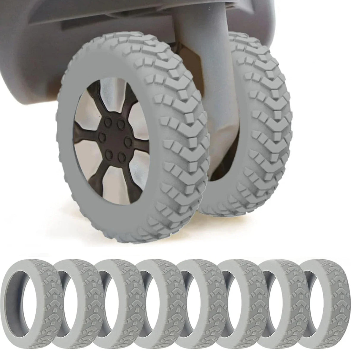 Set of grey silicone luggage wheel protectors with tread pattern, fits 50-60mm spinner suitcase wheels