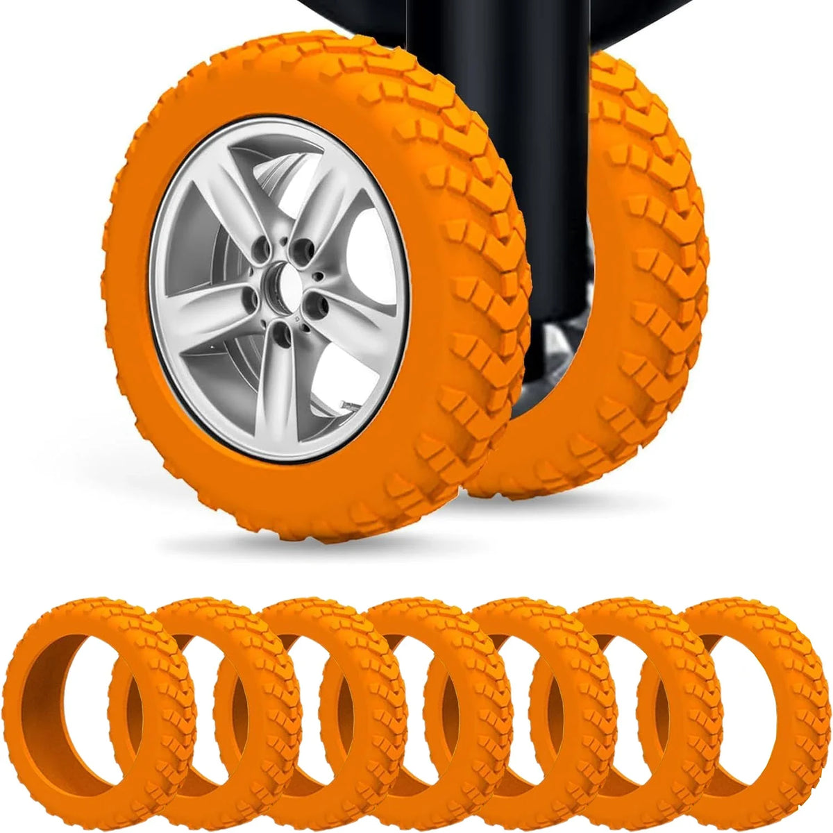 Orange silicone luggage wheel protectors with textured grip, fits 50-60mm spinner suitcase wheels