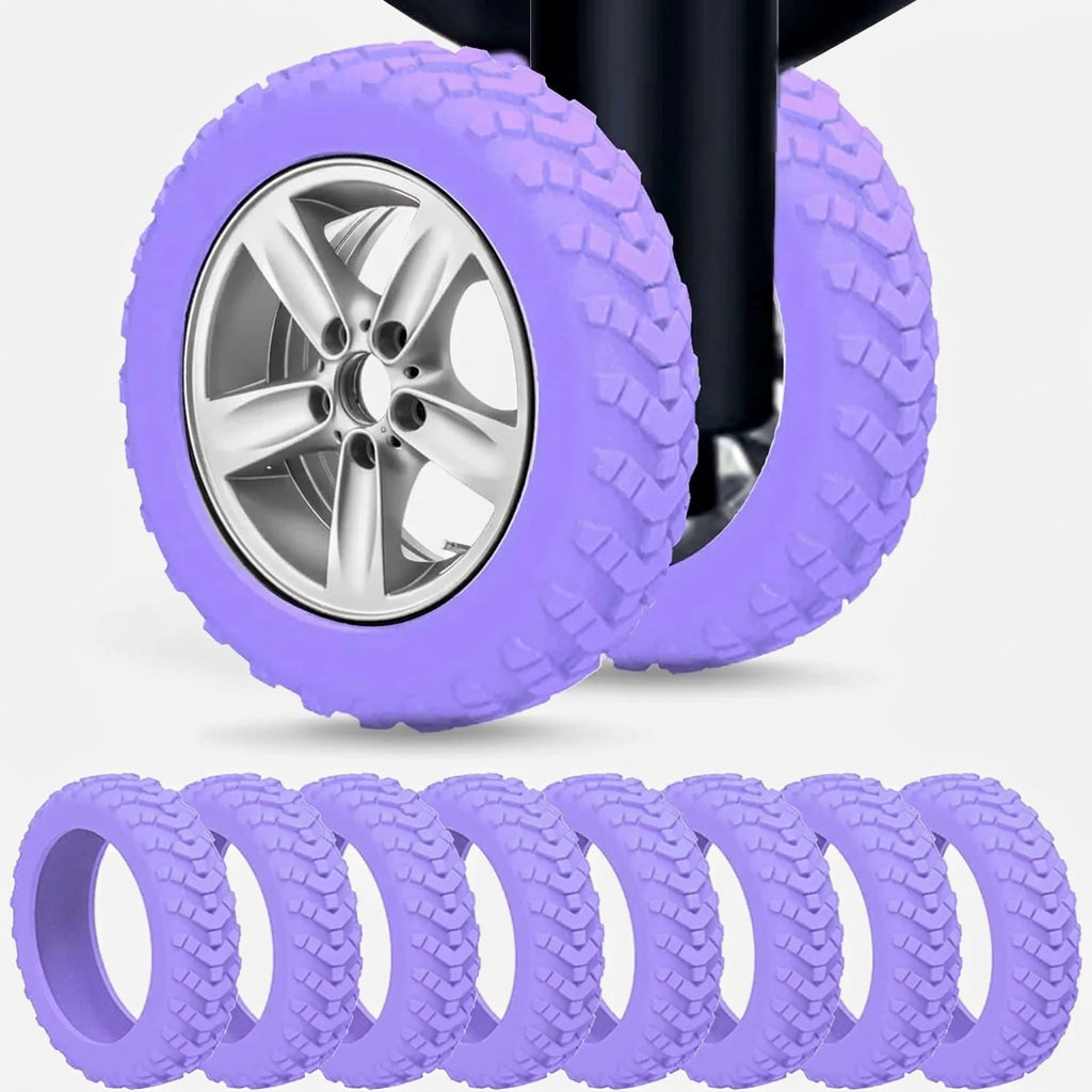 Purple silicone luggage wheel protectors with tread pattern, fits 50-60mm spinner suitcase wheels