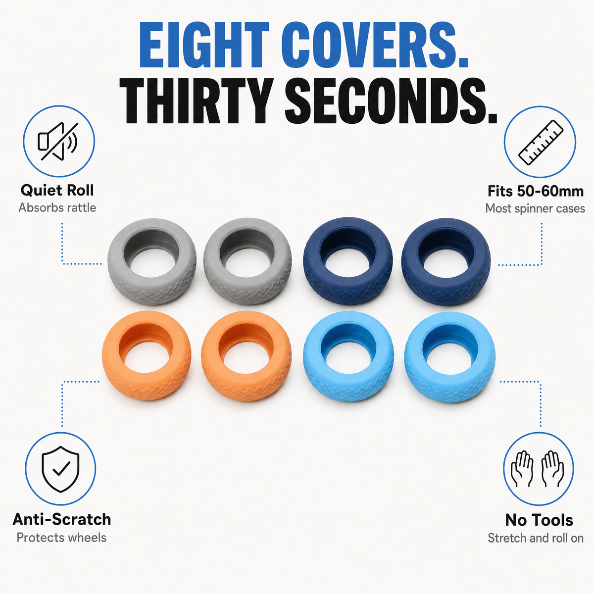 Eight silicone luggage wheel covers in grey, navy, orange and blue that fit 50-60mm spinner wheels