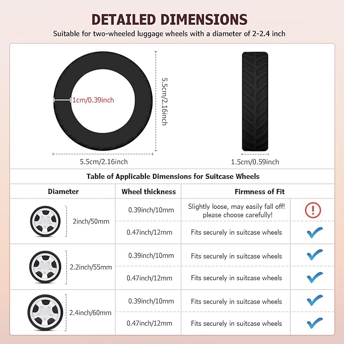Detailed dimensions chart for two-wheeled luggage wheels with applicable dimensions table.
