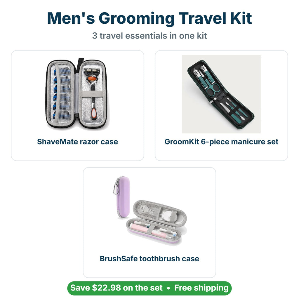 What's inside the Men's Grooming Travel Kit: ShaveMate razor case, GroomKit 6-piece manicure set, BrushSafe toothbrush case