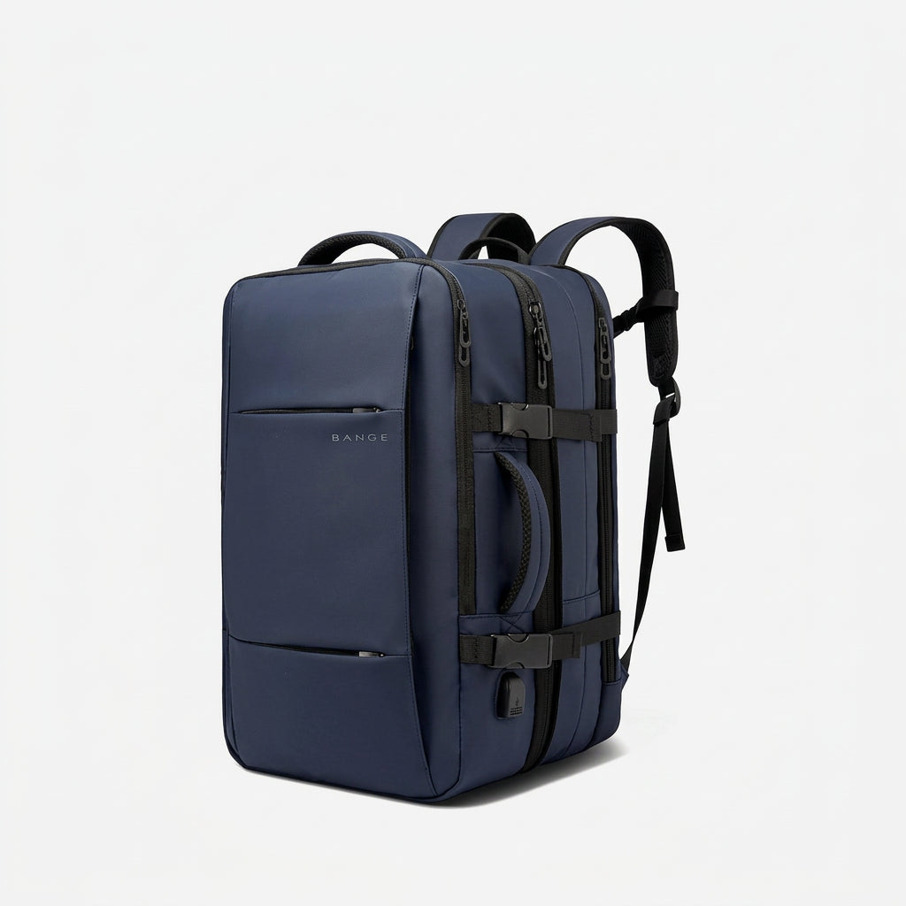 expandable travel backpack with USB port in blue, 37L